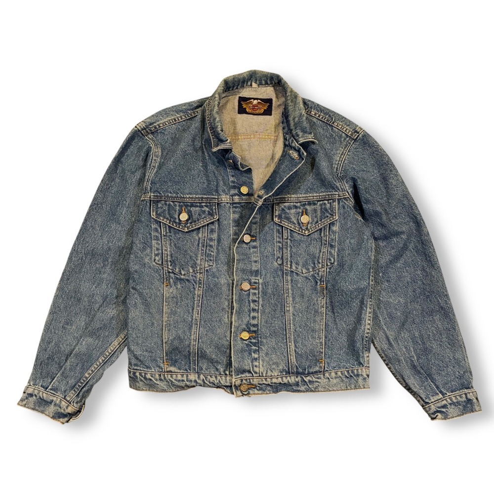 Harley-Davidson Blue Denim Jacket with Eagle & American Flag Graphic - Picture 2 of 10